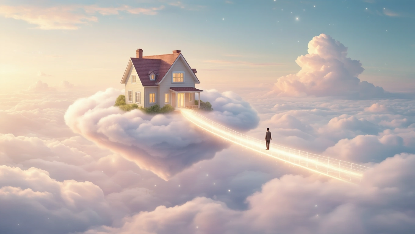 Un bărbat stă pe un pod strălucitor, îndreptându-se spre o casă pe un nor, simbolizând conexiuni și oportunități în vise.