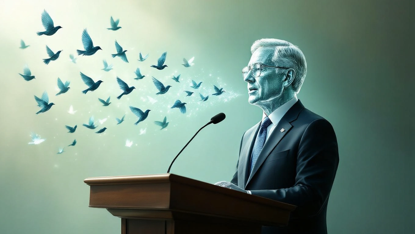 Un președinte vorbește la un pupitru, înconjurat de păsări simbolice care zboară liber.