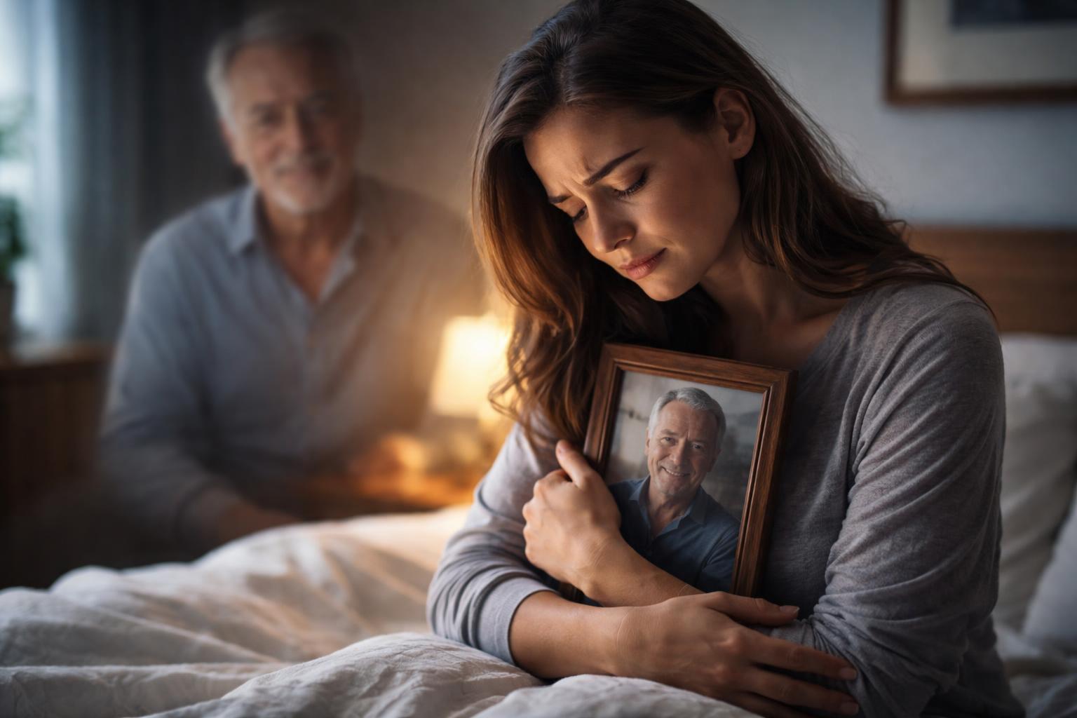 Femeie tristă ținând o fotografie cu tatăl ei decedat, simbolizând dorul.