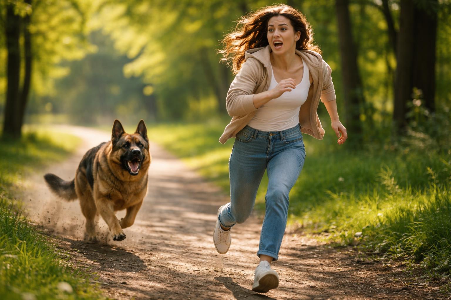 Femeie alergând pe o alee cu un câine care o urmărește