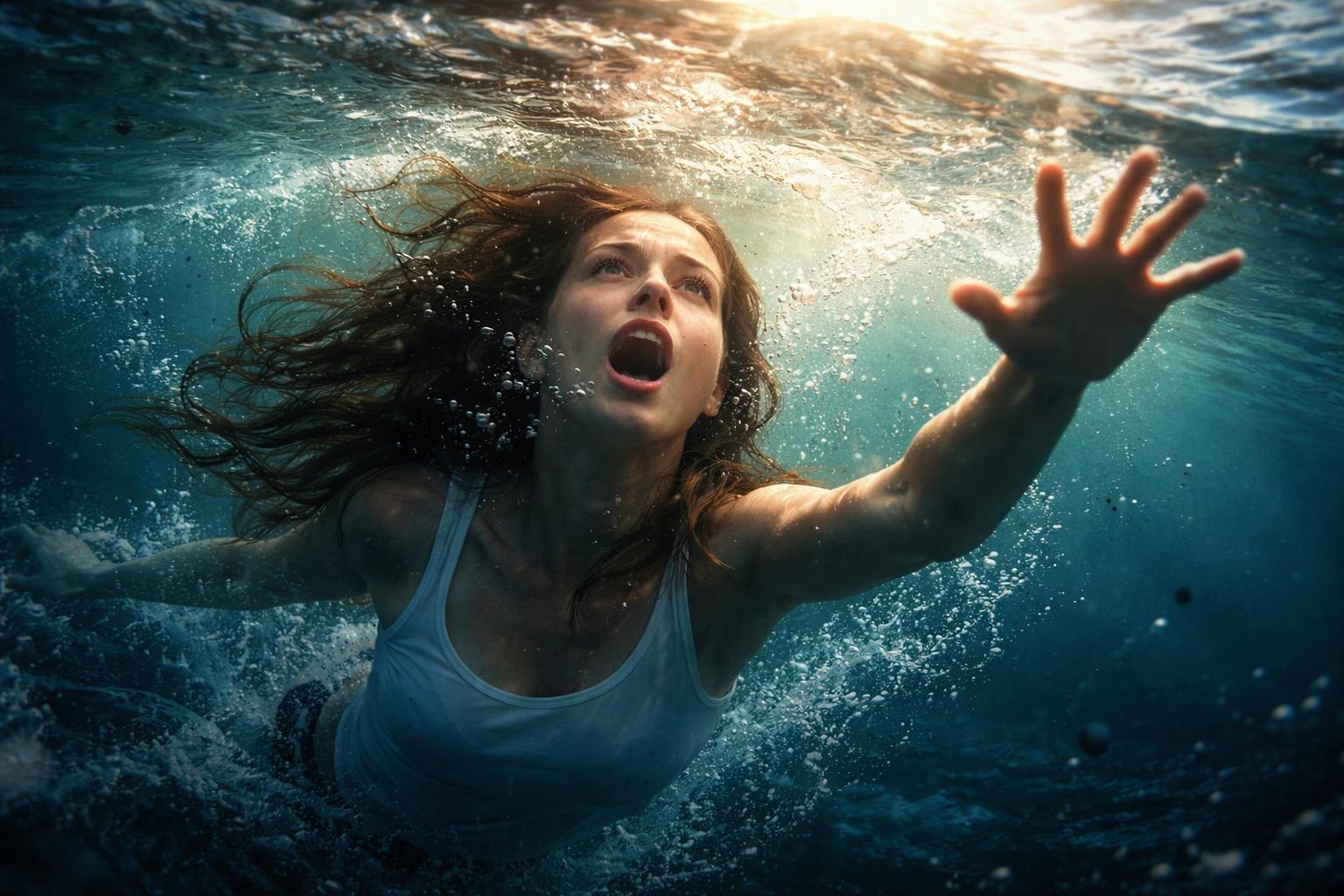 Femeie care se îneacă în ocean, simbolizând emoții copleșitoare.