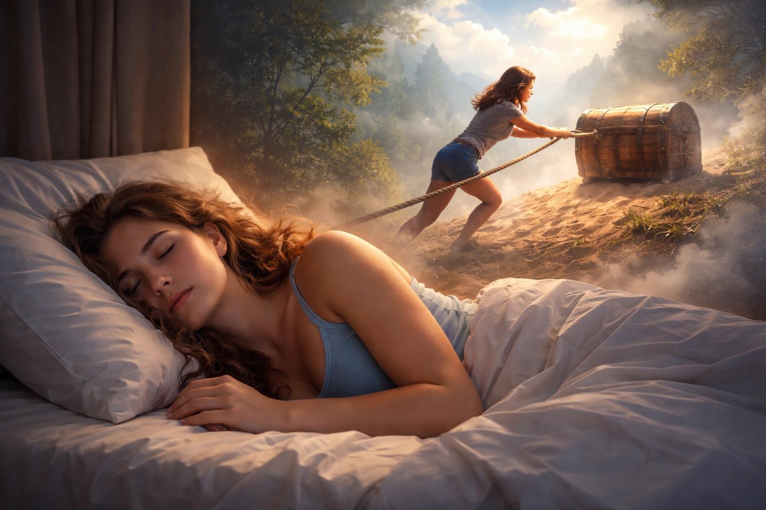 Femeie care doarme și visând că trage un cufăr
