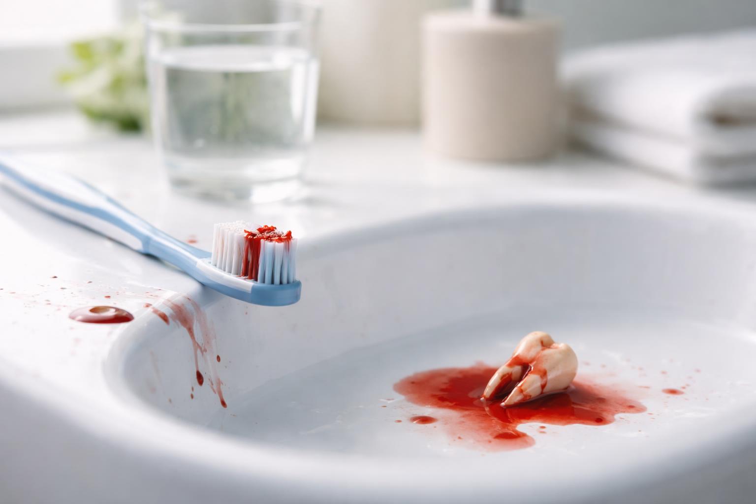 Dinți căzuți cu sânge și periuță de dinți într-un chiuvetă