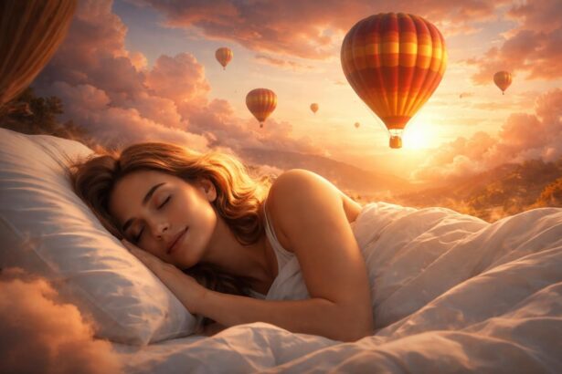 Fată visând în timp ce zboară cu balonul cu aer cald