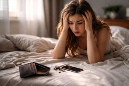 Fată îngrijorată cu obiecte pierdute pe pat