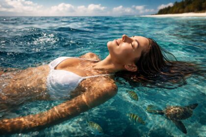 Femeie relaxându-se în ocean, simbolizând explorarea emoțiilor și eliberarea