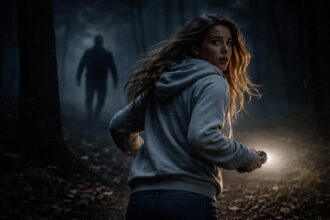 Fată speriată cu lanternă, fugind de o silueta în întuneric