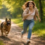 Femeie alergând pe o alee cu un câine care o urmărește
