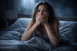 Femeie îngrijorată care își acoperă gura în somn