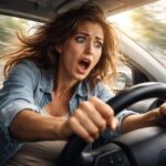 Femeie speriată la volan, simbolizând pierderea controlului