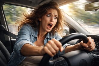 Femeie speriată la volan, simbolizând pierderea controlului