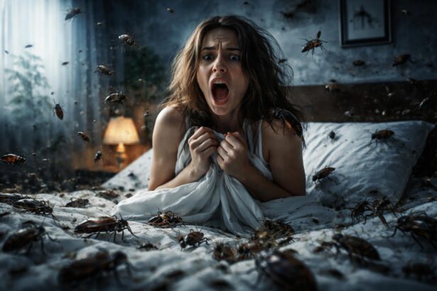 Femeie speriată în timpul unui vis cu insecte invadatoare