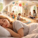 Tânără care doarme visând la o creșă plină de copii jucându-se.