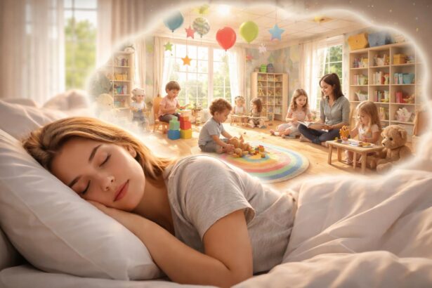 Tânără care doarme visând la o creșă plină de copii jucându-se.