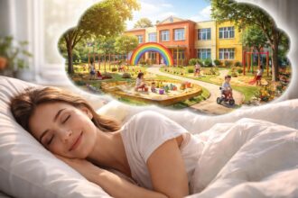 Femeie care visează la o grădiniță plină de copii și natură.