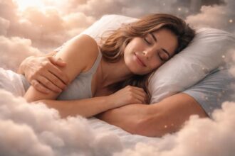 Femeie visând la îmbrățișare în nori