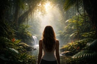 Femeie în junglă, simbolizând explorarea și descoperirea interiorului