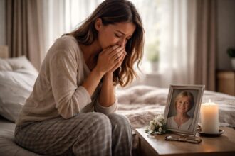 Femeie plângând lângă o fotografie a mamei decedate