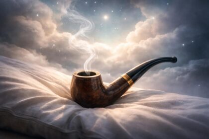 Pipă fumătoare pe un pervaz cu nori în fundal