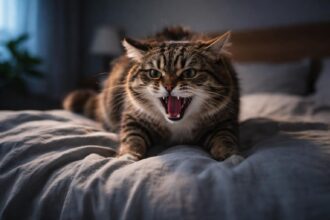 Pisică furioasă pe pat, simbolizând emoții intense.