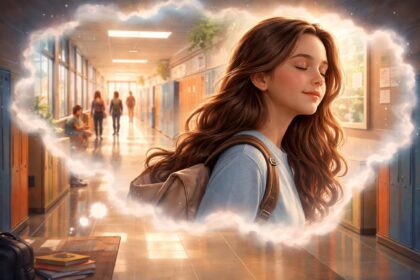 Fată visând în școală, simbolizând învățare și transformare