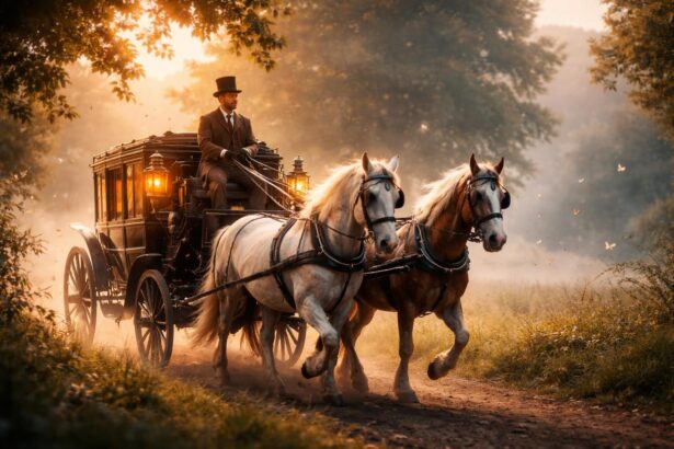 Trăsură cu birjar conducing două cai pe un drum în natură