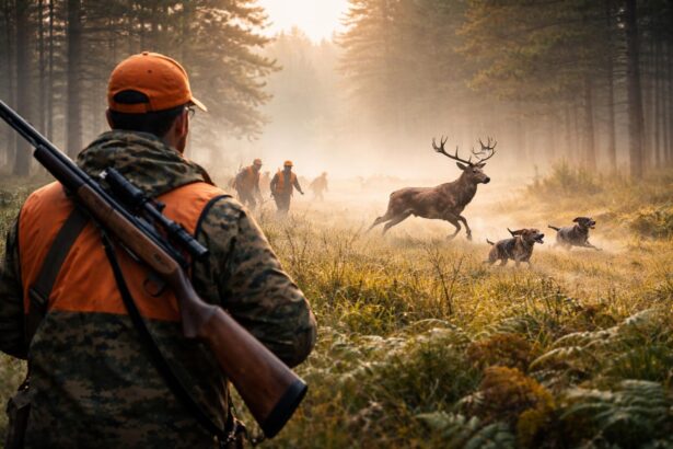 Vânătoare în pădure, cu un cerb și câini, simbolizând visuri și scopuri.