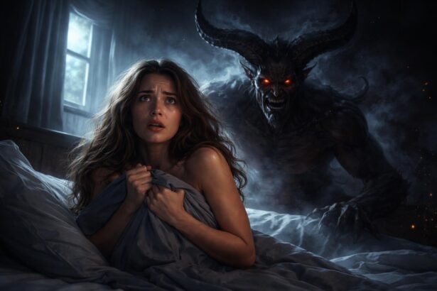 Femeie speriată în vis cu o siluetă malefică în fundal.