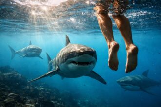 Persoane în apă cu rechini, simboluri de frică și curaj în vise.