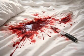 Pat cu sânge vărsat și un cuțit pe cearceaf alb.