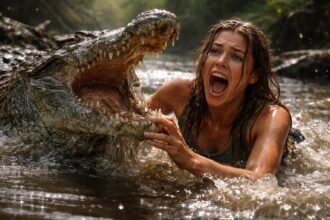 Femeie în dificultate în fața unui crocodil atacator