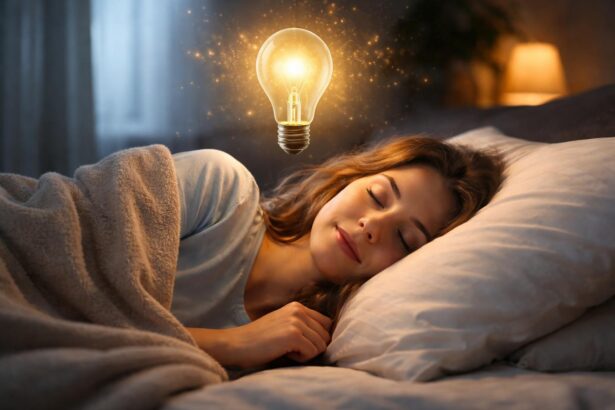 Femeie dormind cu un bec luminat deasupra ei, simbolizând inspirație.