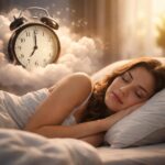 Femeie care doarme lângă un ceas deșteptător simbolizând interpretarea viselor