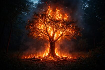 Copac în flăcări simbolizând transformare și renaștere spirituală.