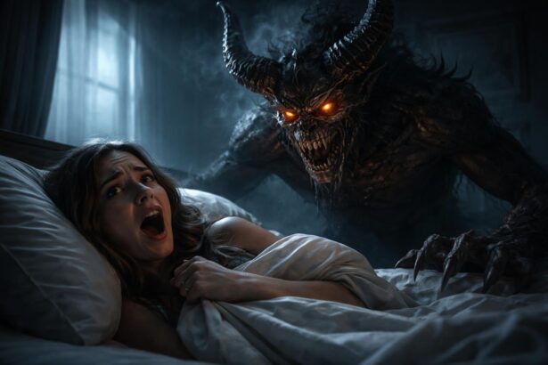 Femeie speriată visând un demon în noapte
