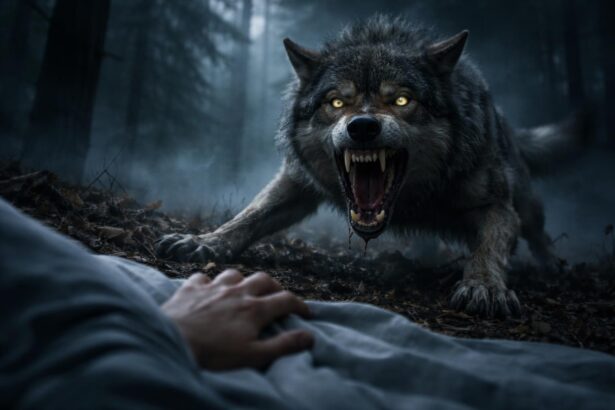 Lup agresiv înaintea unei persoane în vis, simbolizând frici interioare.