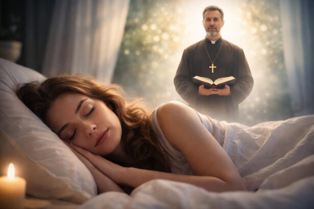 Femeie dormind cu un preot în spate, simbolizând călăuzire spirituală