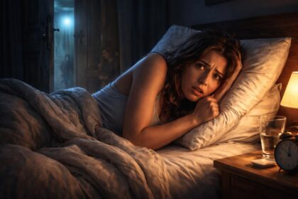 Femeie speriată în pat, visând la un scârțâit misterios.
