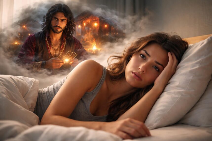 Femeie visând un țigan, simbolizând libertate și aventură.