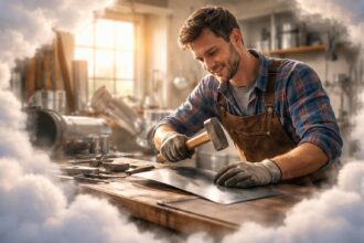 Bărbat tinichigiu reparând metal într-un atelier luminos