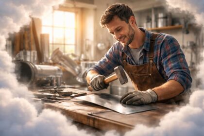 Bărbat tinichigiu reparând metal într-un atelier luminos