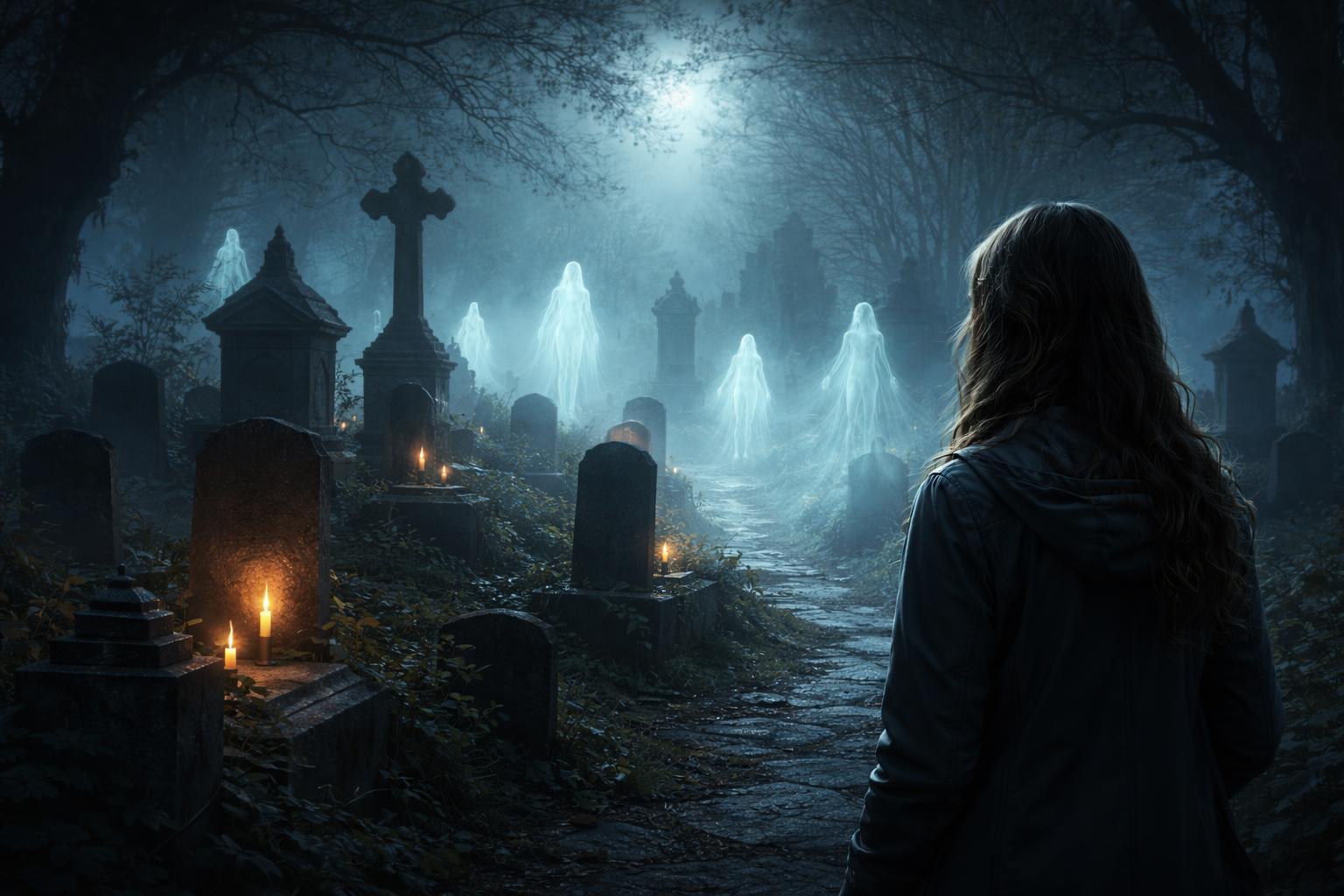 O femeie privind un cimitir cu spirite în noapte