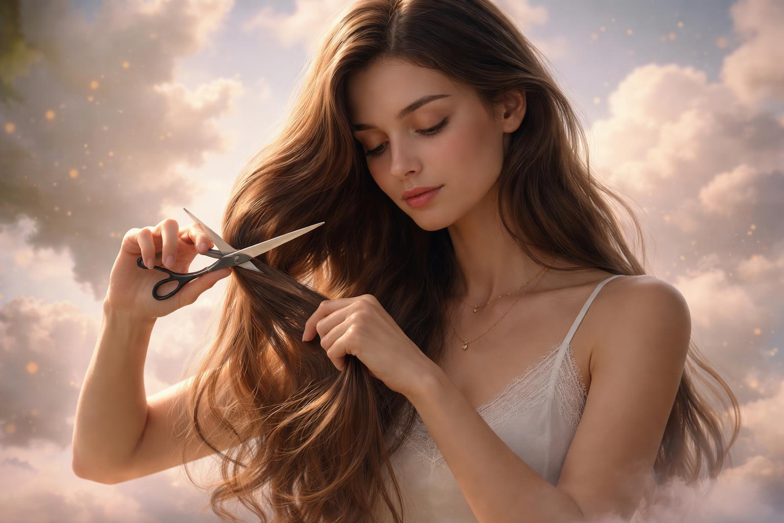 Fată tăiându-și părul, simbolizând schimbarea și eliberarea