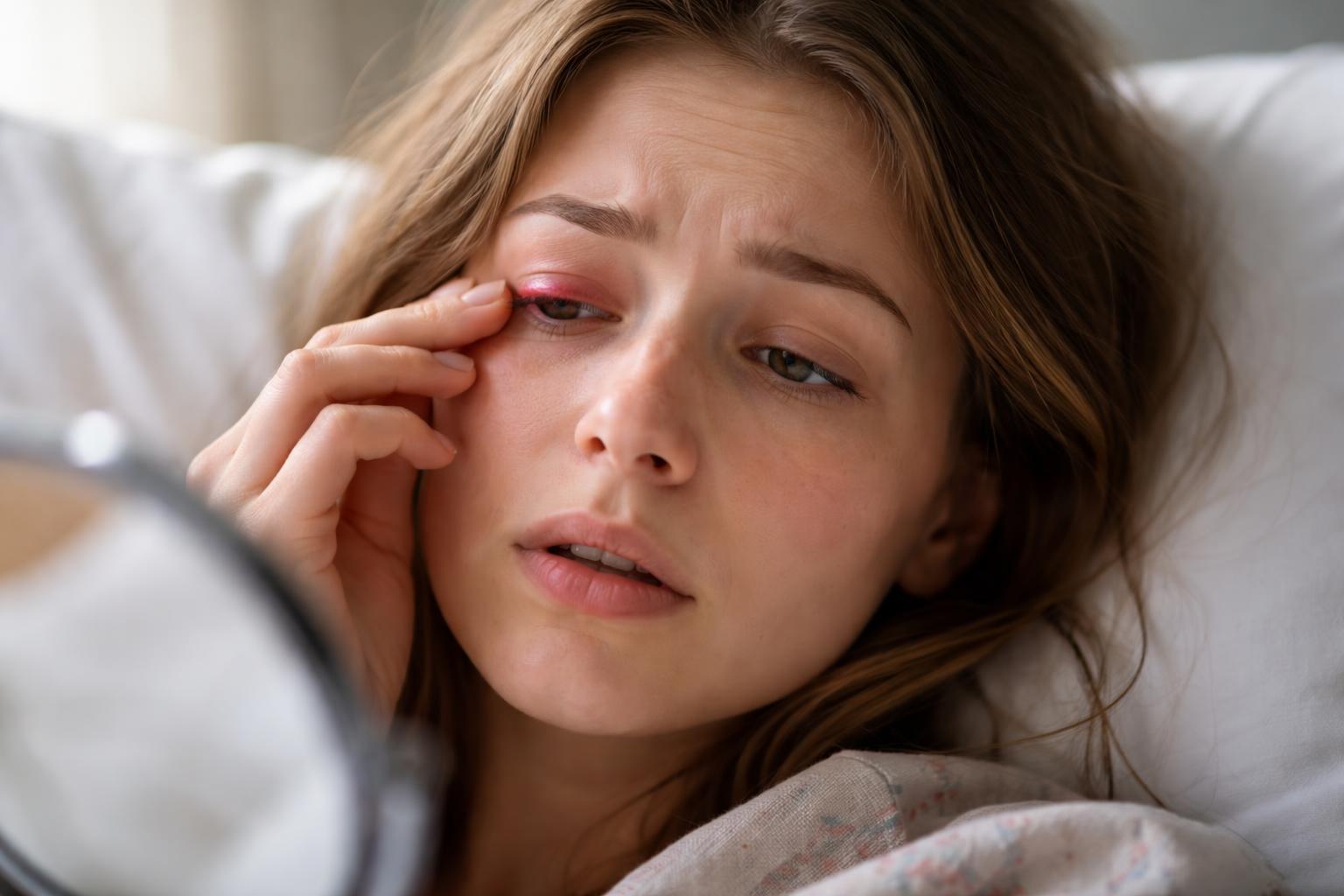 Femeie cu ulcior la ochi, reflectând la starea sa emoțională.