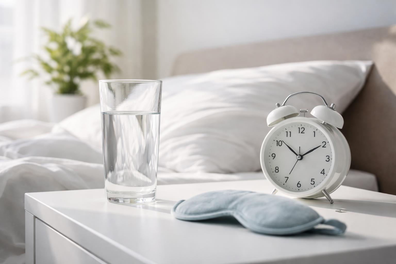 Un pahar cu apă pe o măsuță de noapte lângă un ceas și o mască pentru ochi