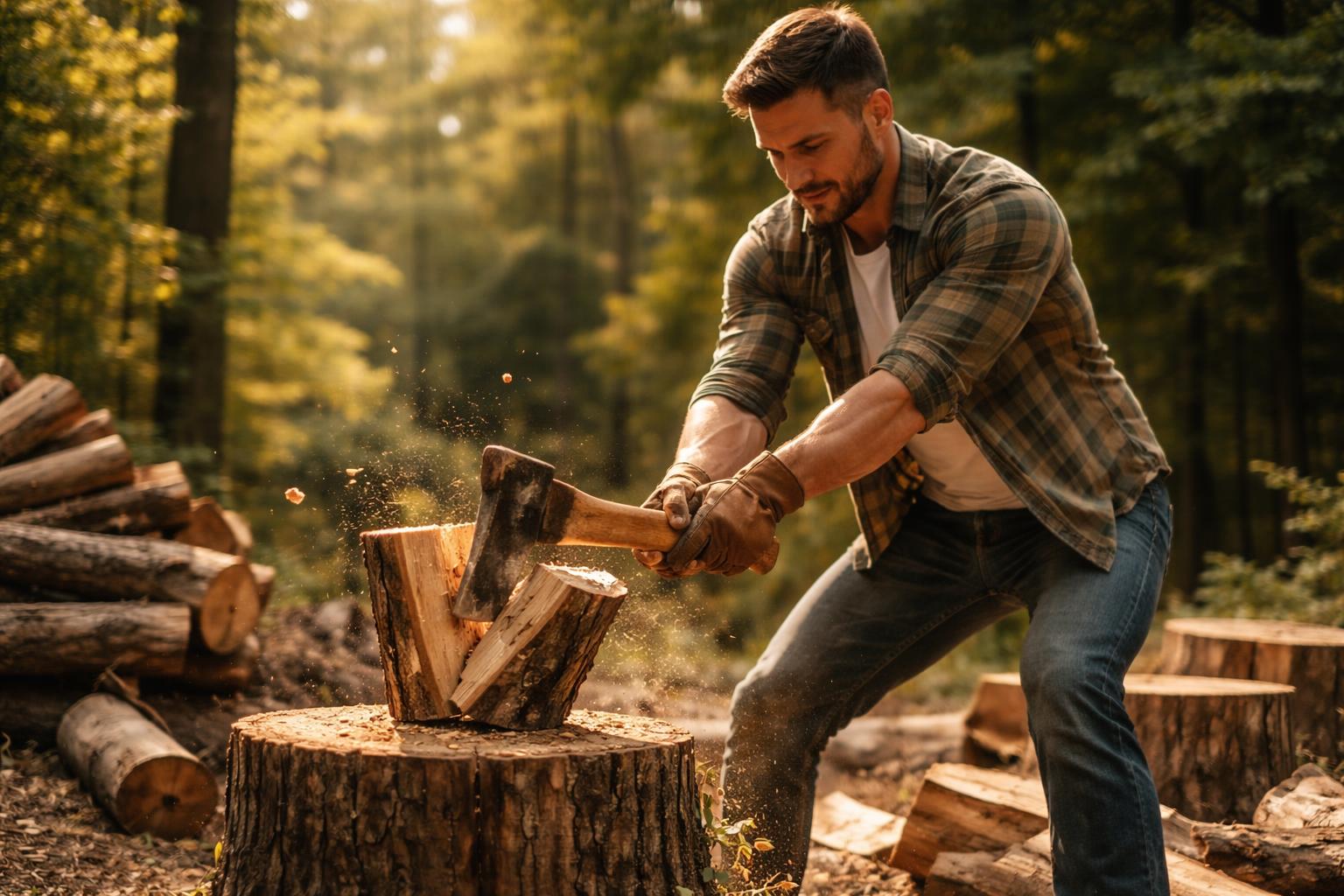 Bărbat tăind lemne cu toporul în pădure, simbolizând efort și disciplină
