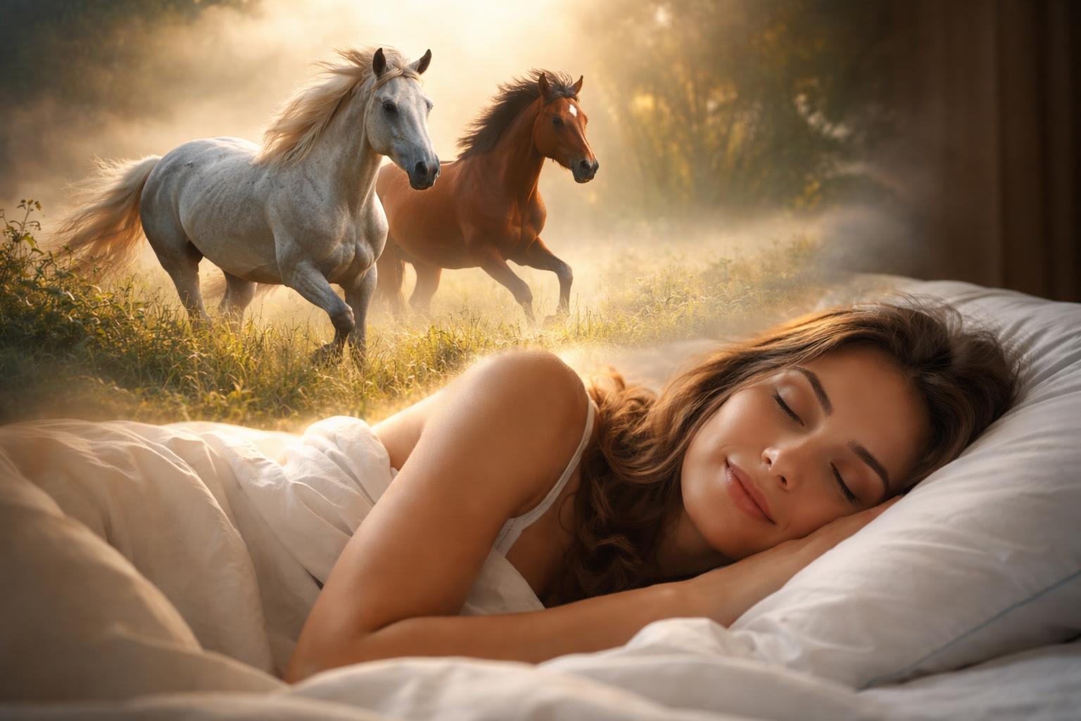 Femeie care doarme în timp ce visează cai în natură