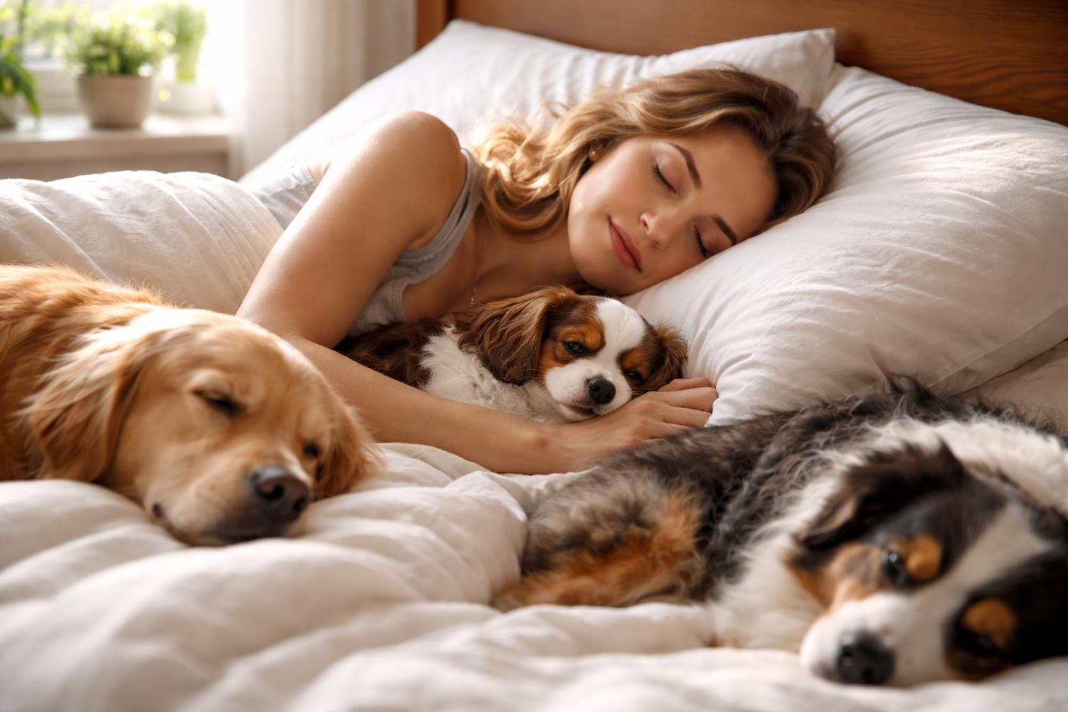 Femeie care doarme alături de câini în pat, simbolizând loialitate și siguranță.