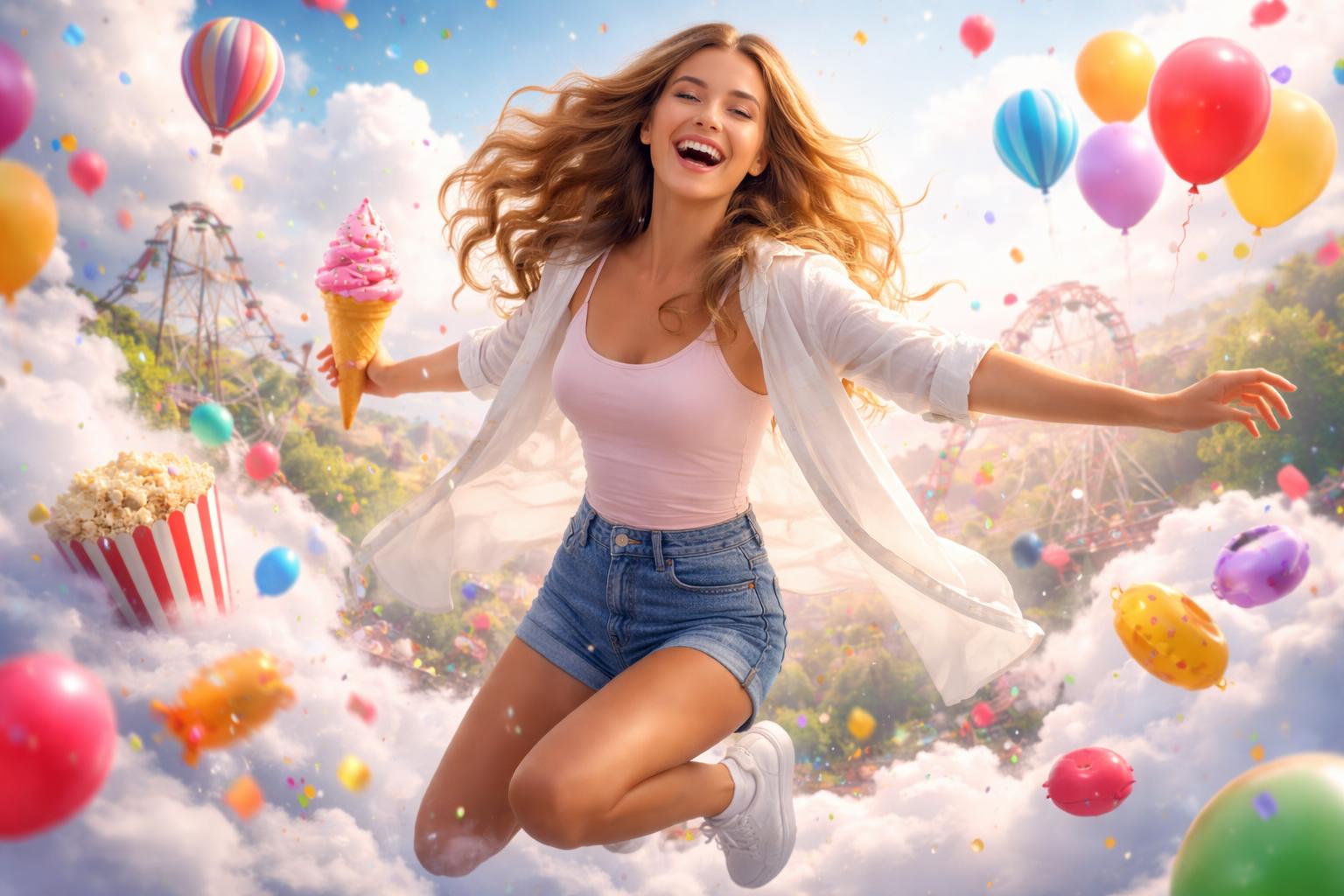 Fată zâmbitoare sărind cu un cornet de înghețată în parc de distracții