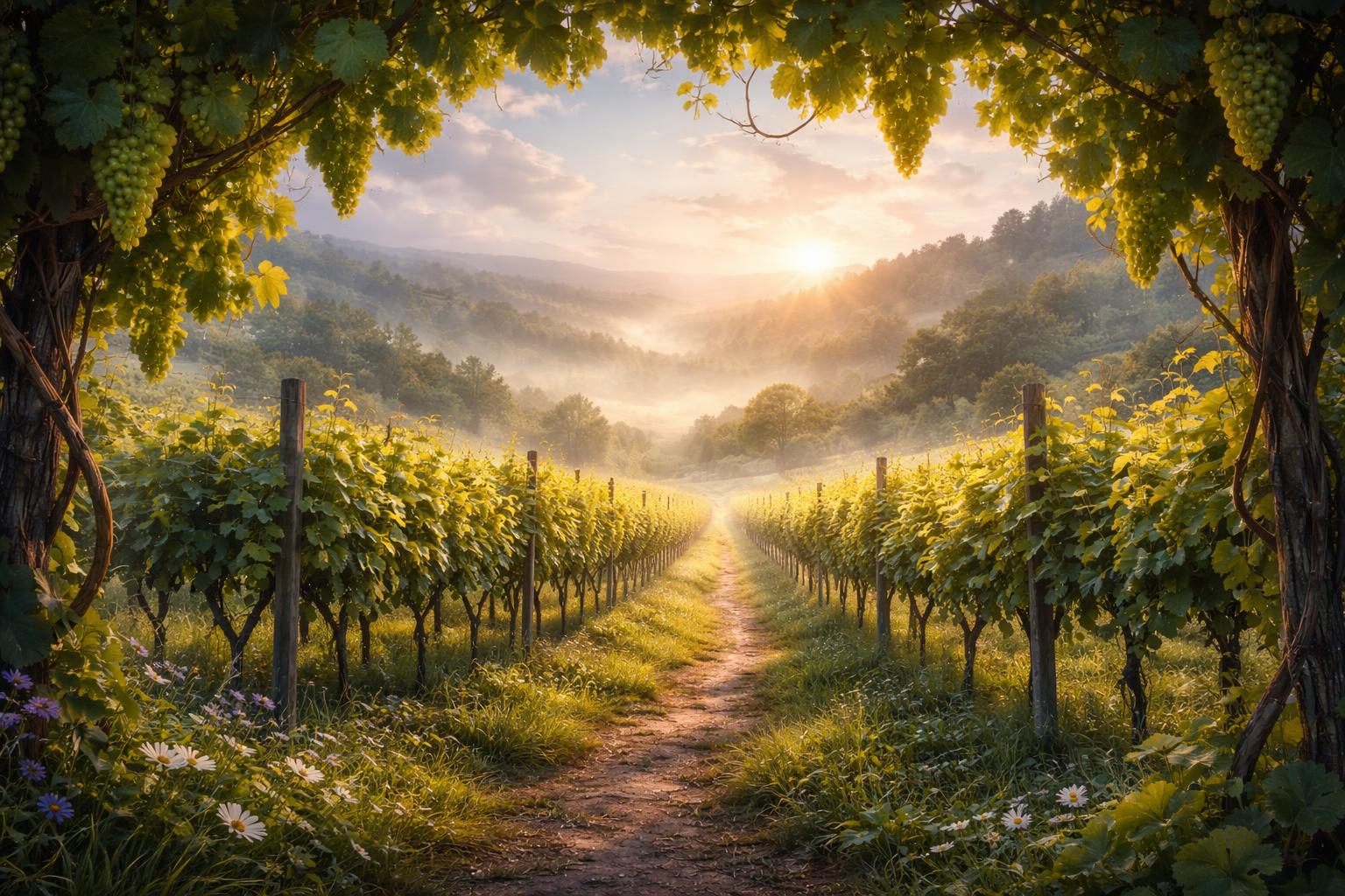 Peisaj idilic cu o vie la apus, simbolizând abundență și creștere.